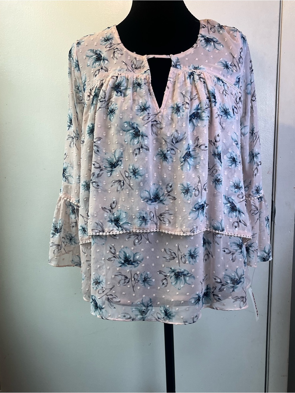 Moon River Light Pink Floral Swiss Dot Peasant Blouse